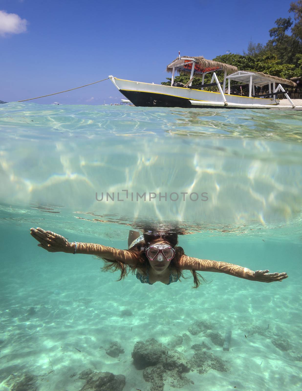 Collage with Woman Diving to Underwater and Sail Boat on Water Surface