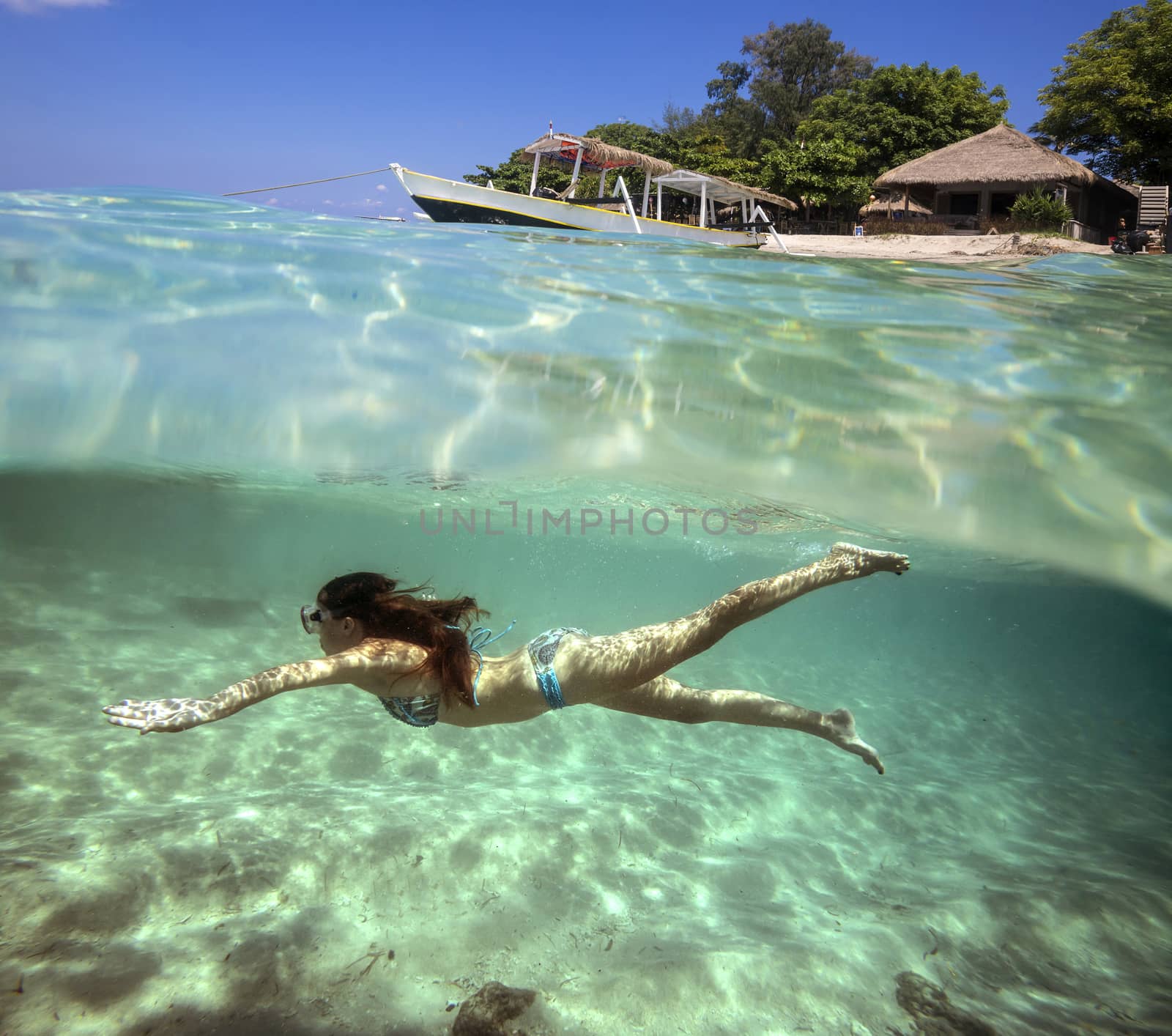 Collage with Woman Diving to Underwater and Sail Boat on Water Surface