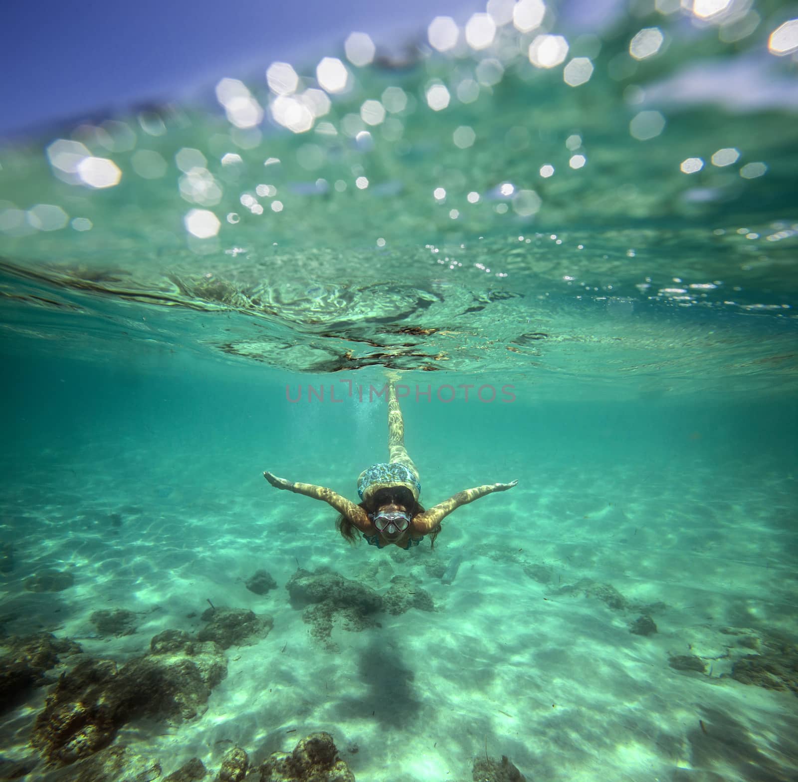 Collage with Woman Diving to Underwater and Water Surface