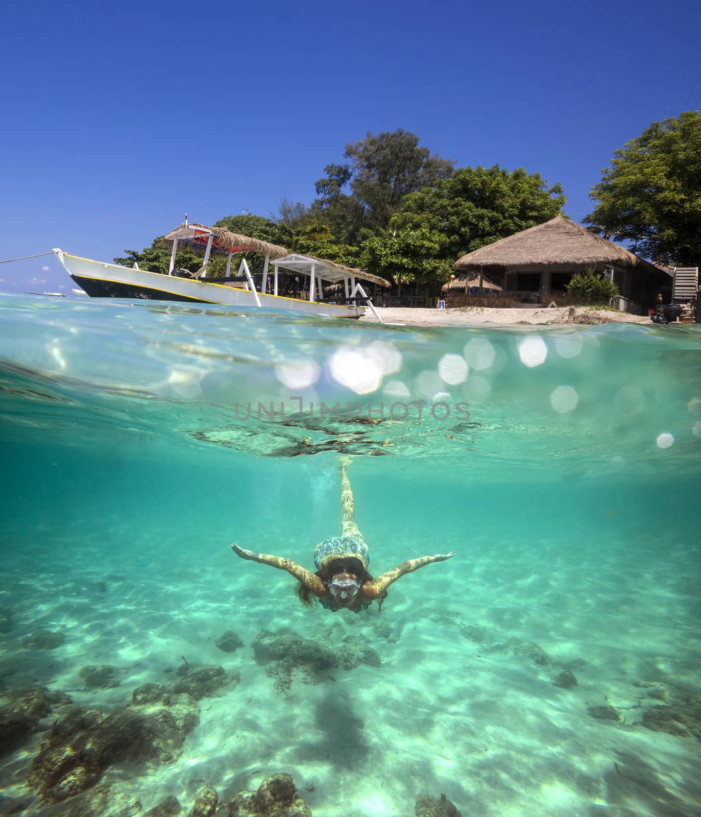 Collage with Woman Diving to Underwater and Sail Boat on Water Surface