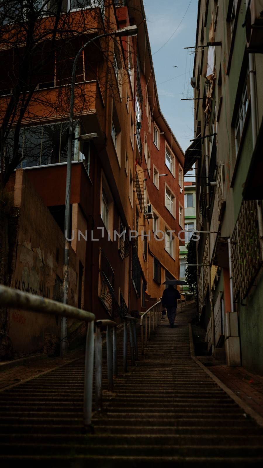 Alone man climbing stairs