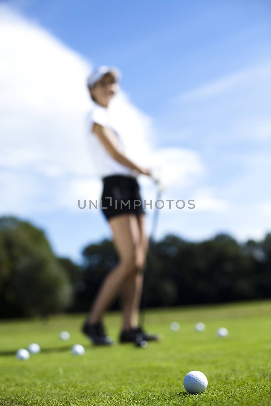 Woman playing golf on field, bright colorful vivid theme