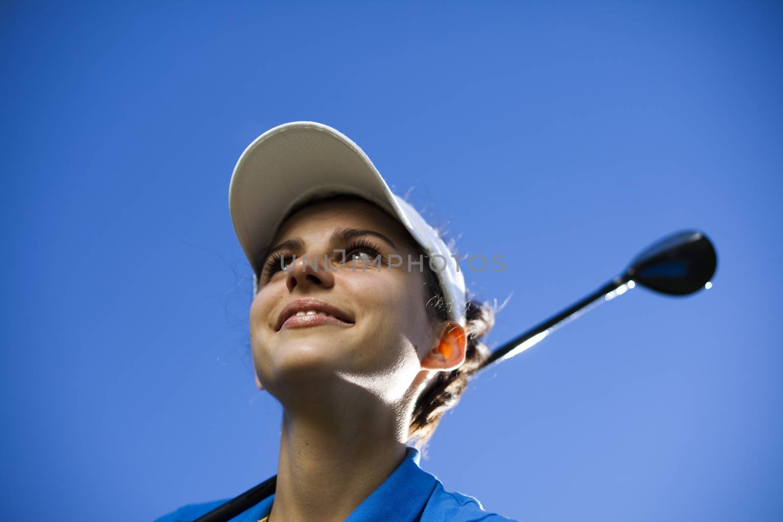 Woman playing golf on field, bright colorful vivid theme