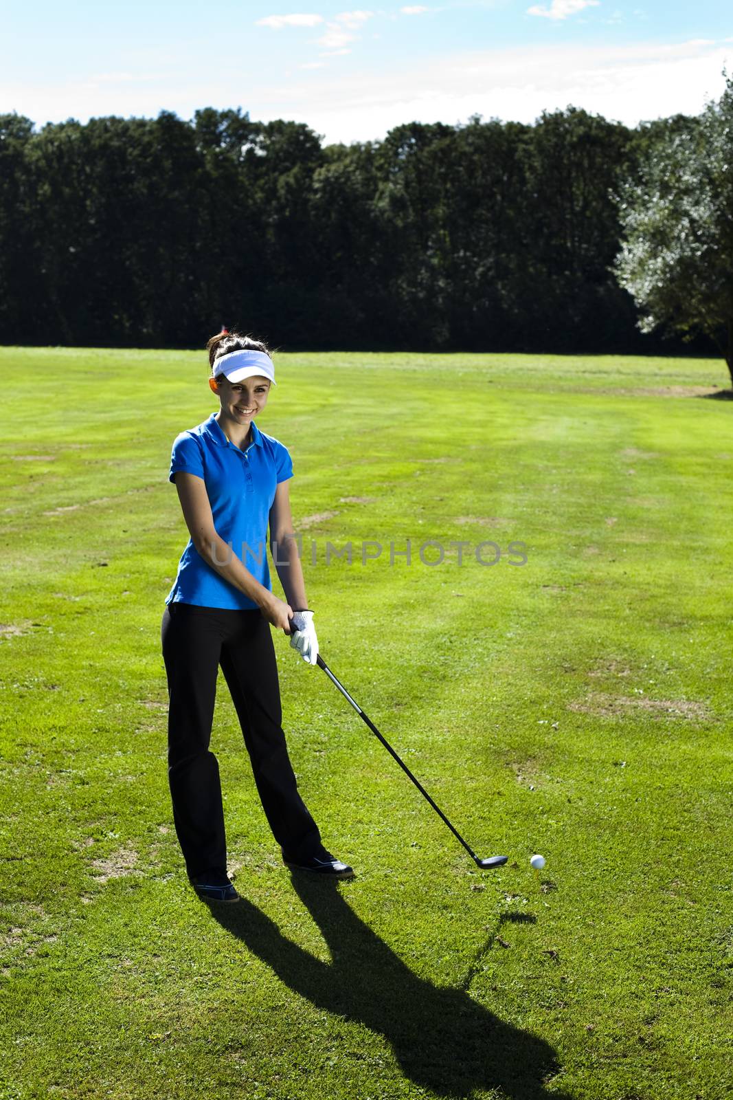 Woman playing golf on field, bright colorful vivid theme
