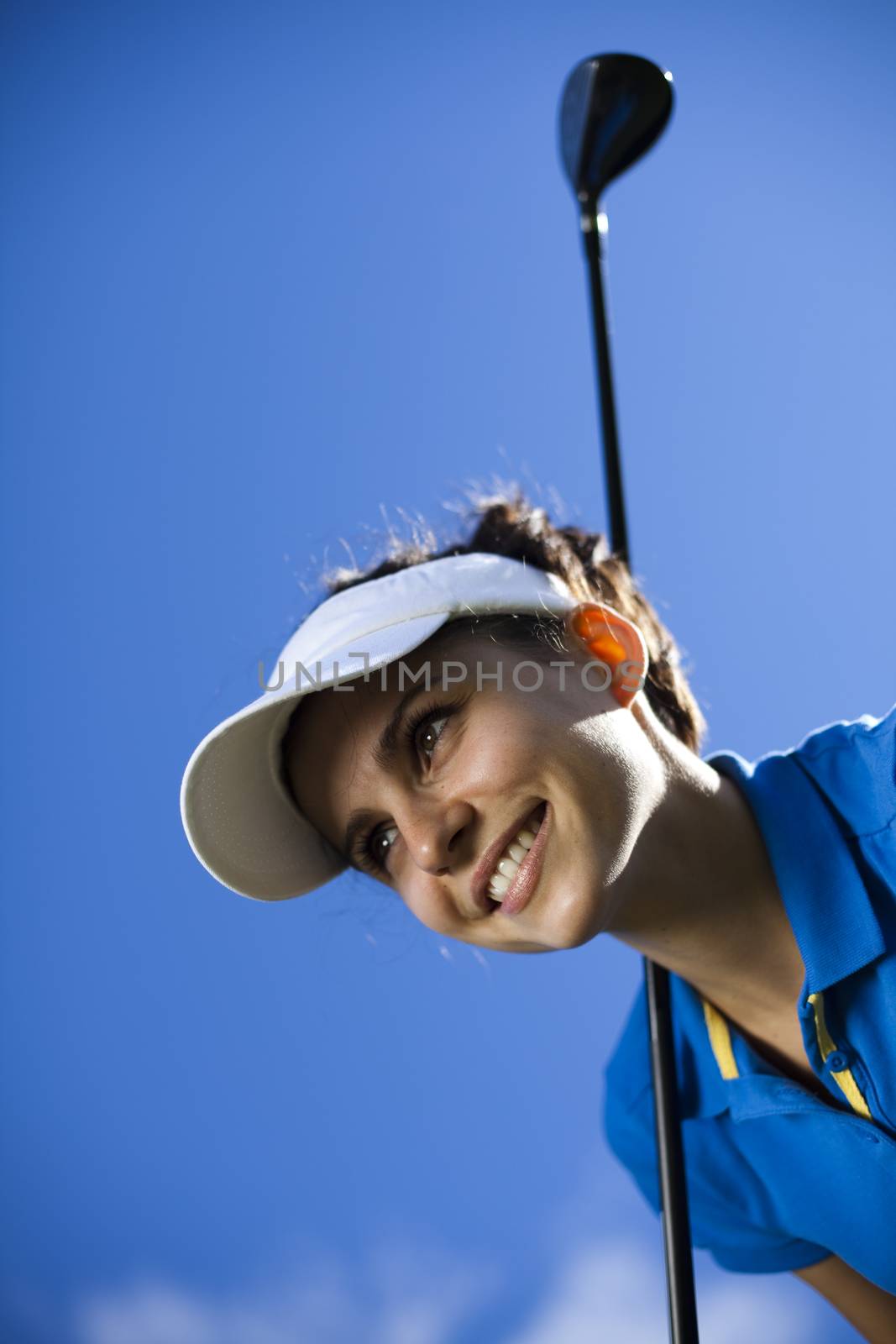 Girl playing golf, bright colorful vivid theme