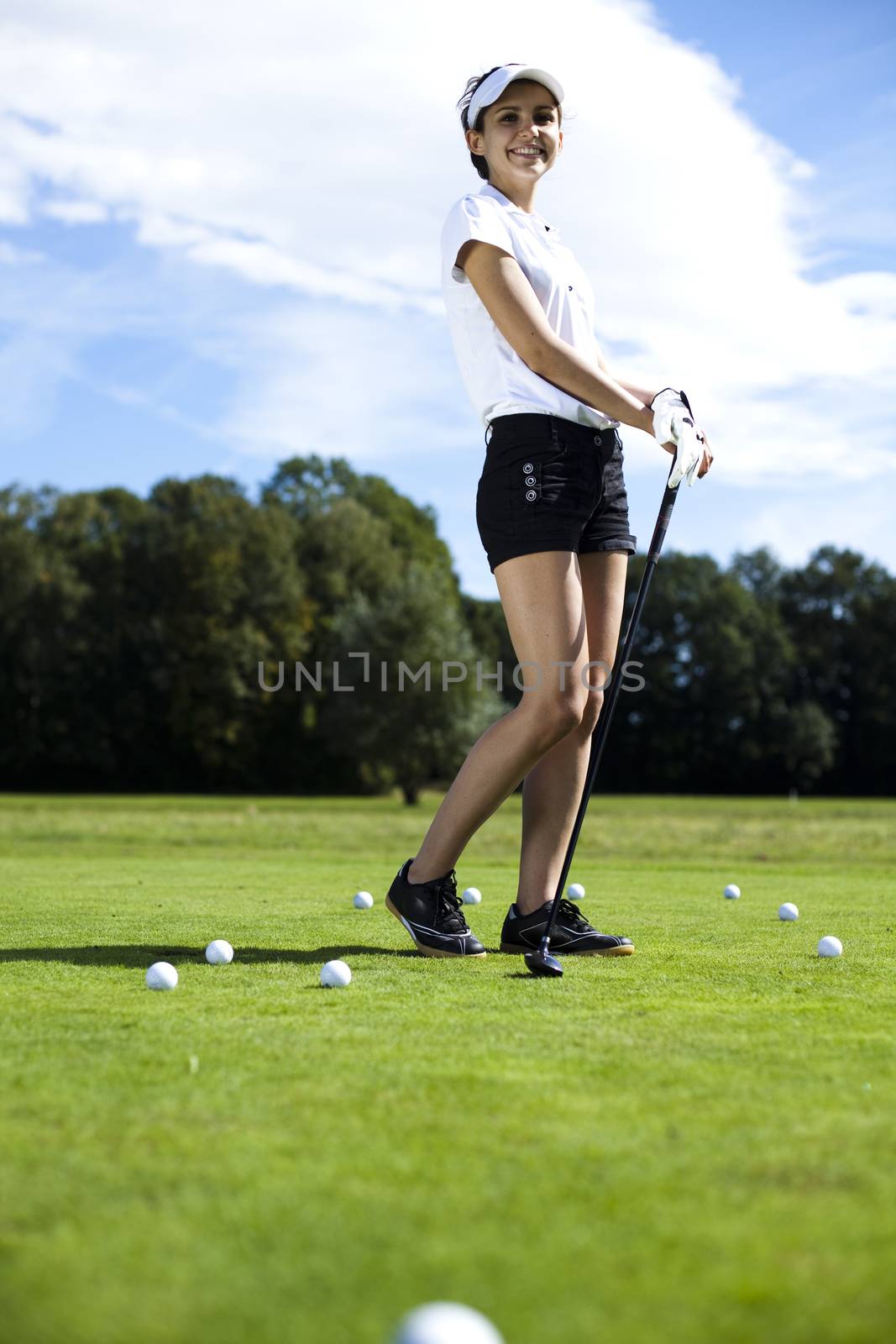 Girl playing golf, bright colorful vivid theme