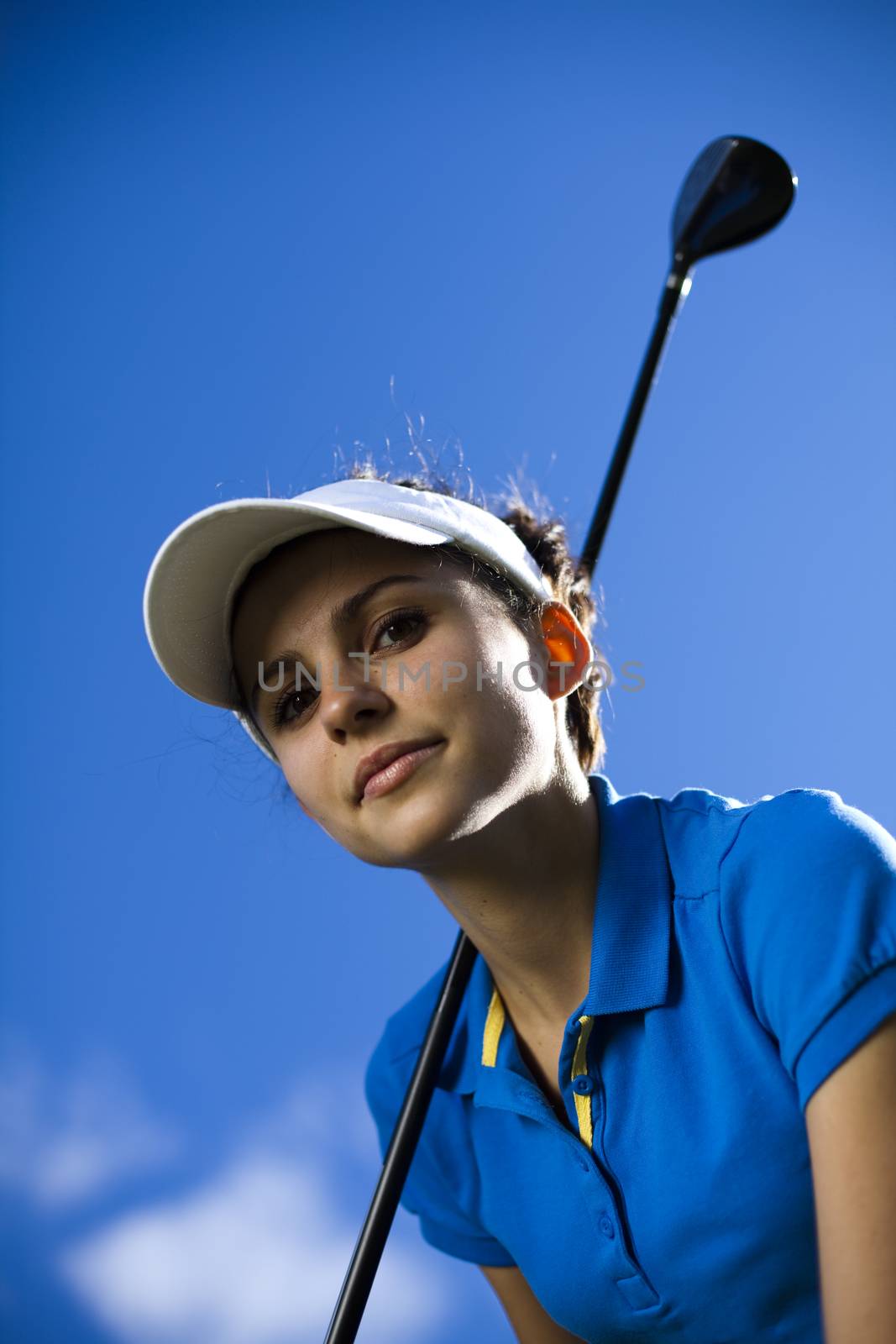 Girl playing golf, bright colorful vivid theme