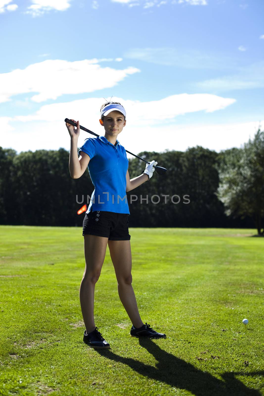 Girl playing golf, bright colorful vivid theme