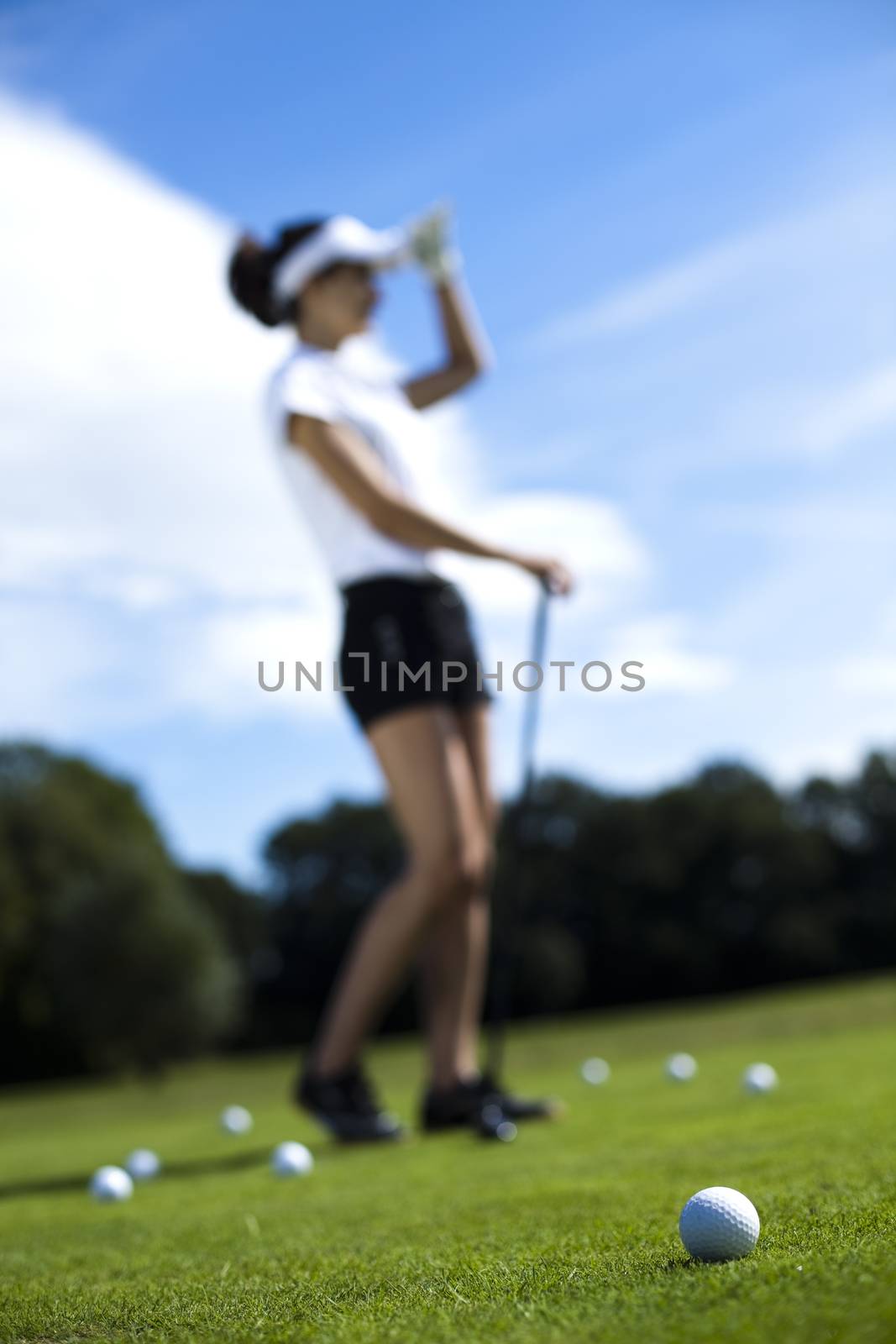 Young woman playing golf, bright colorful vivid theme