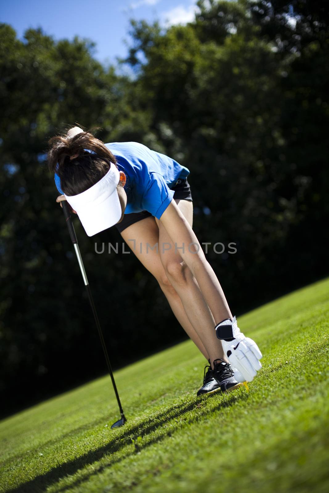 Young woman playing golf, bright colorful vivid theme