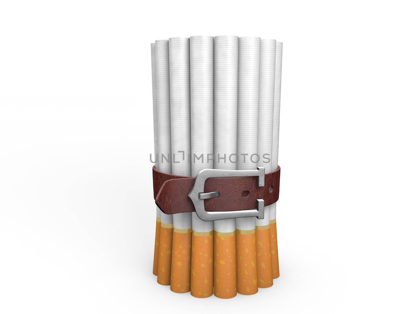 Belted stack of cigarettes isolated on white background. Anti-smoking concept.