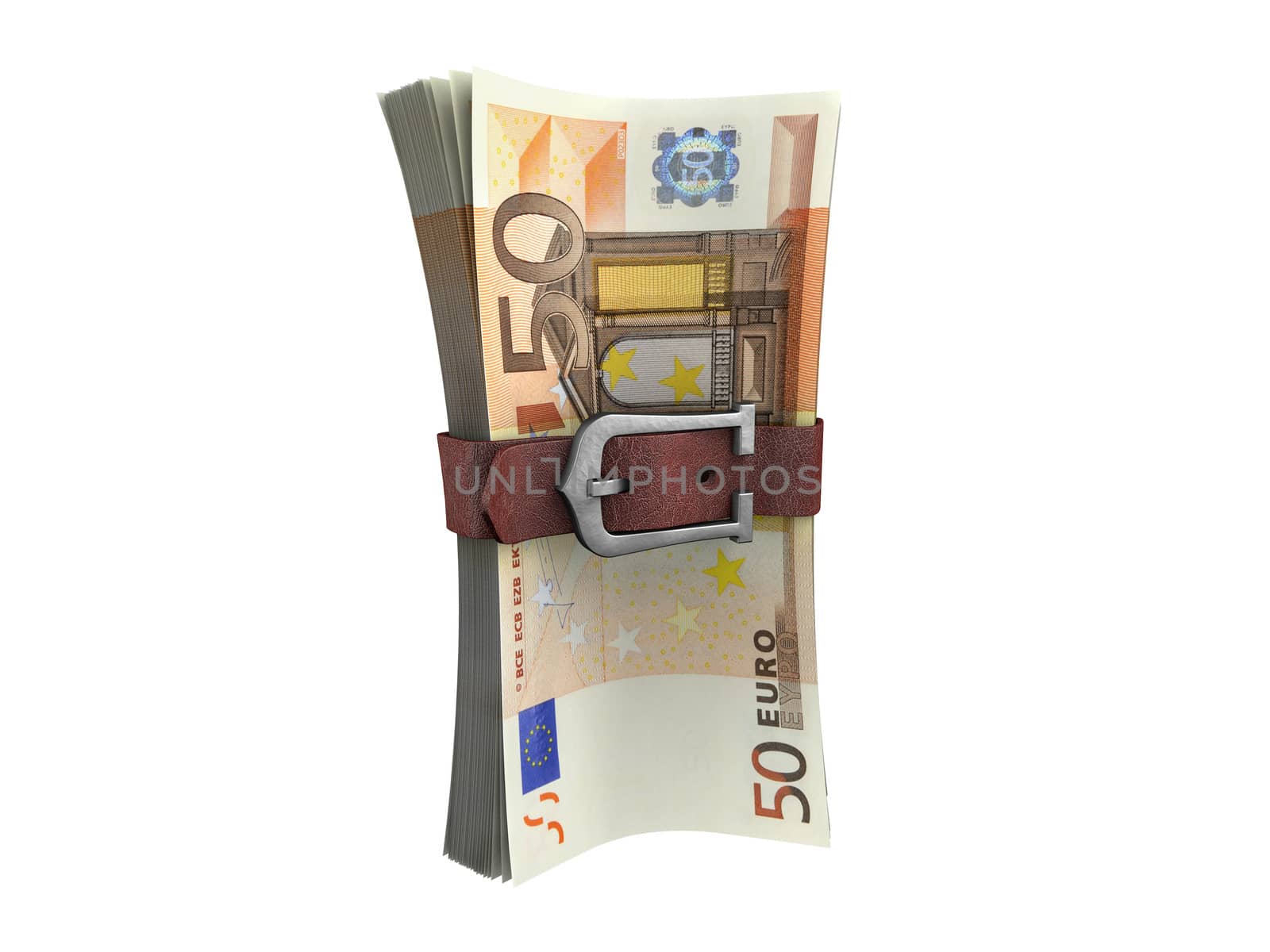 Stack of euro money with leather belt. Crisis concept 3d illustration.