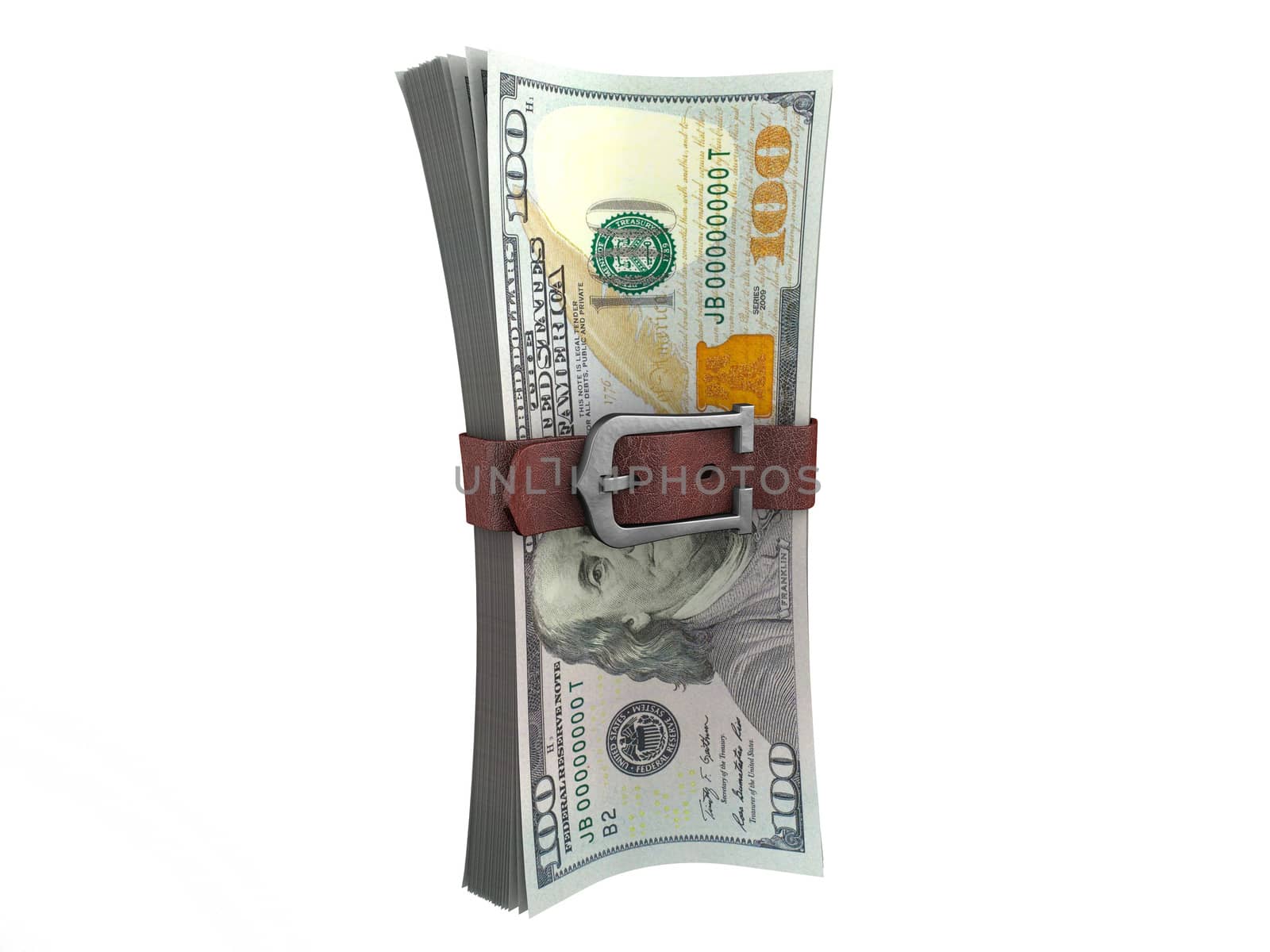 Stack of dollars with leather belt. Crisis concept 3d illustration.