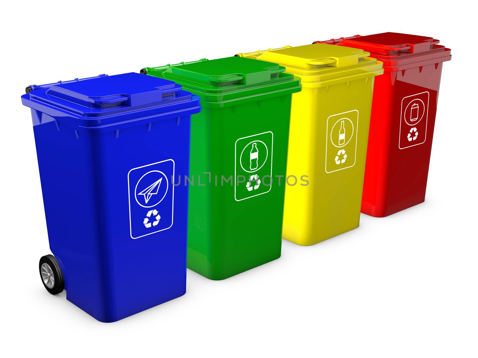 Colorful recycle bins isolated on white background