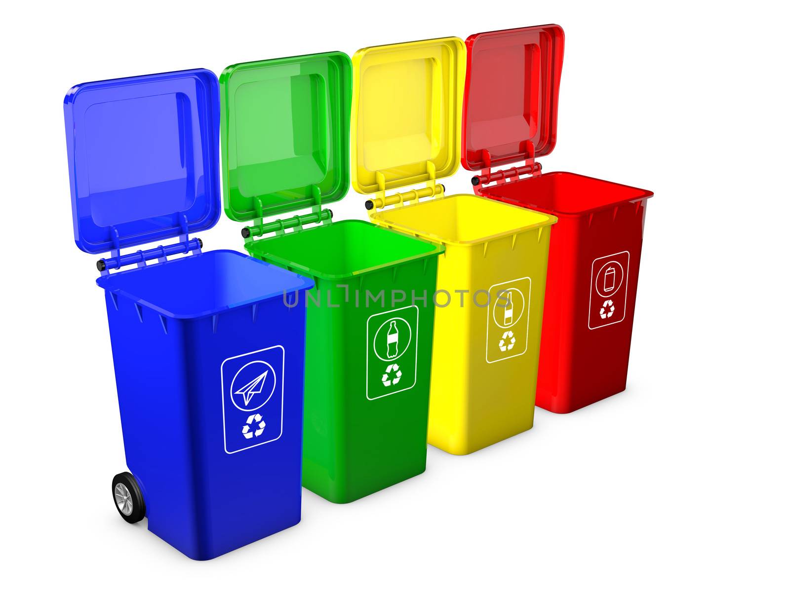 Colorful recycle bins isolated on white background