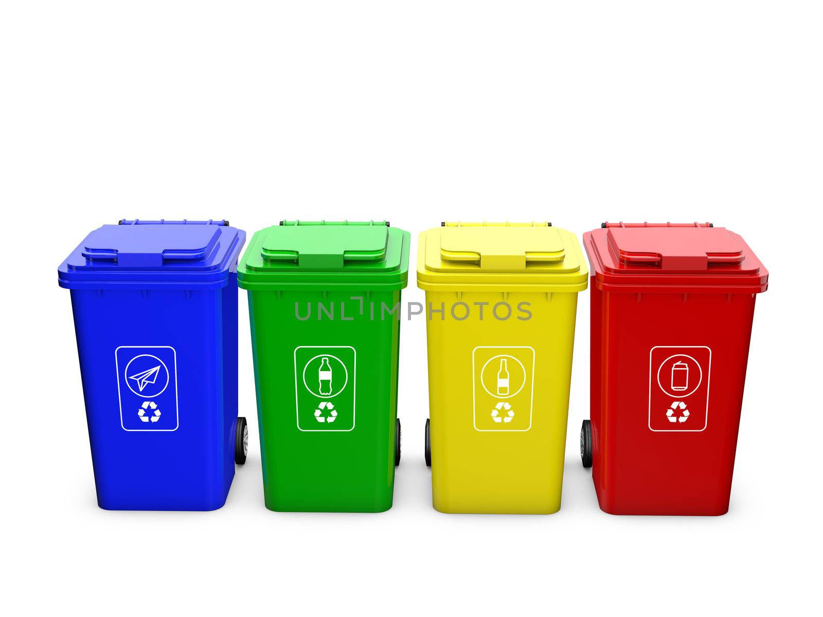 Colorful recycle bins isolated on white background