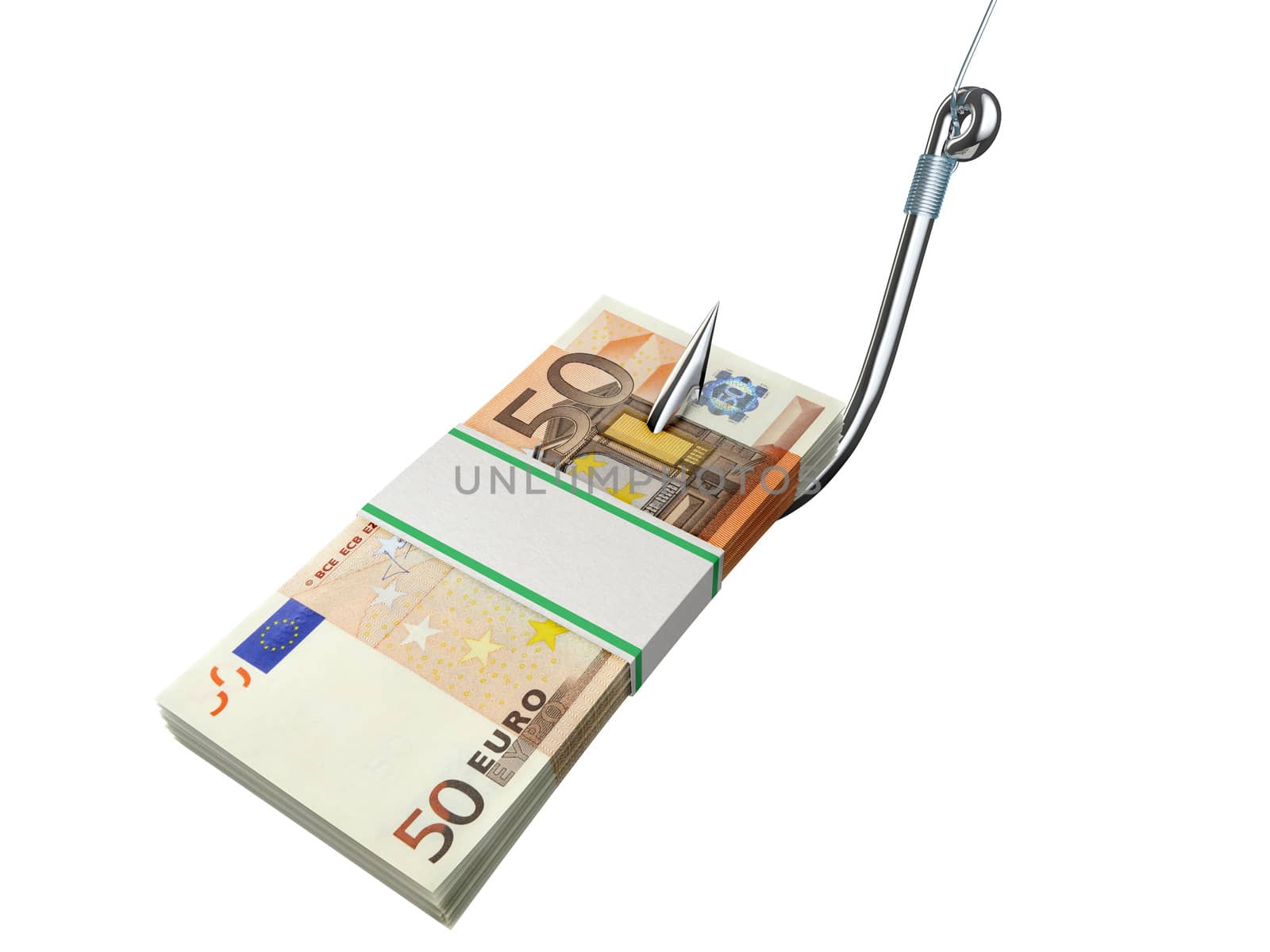 Stack of euro money on the fishing hook isolated on white