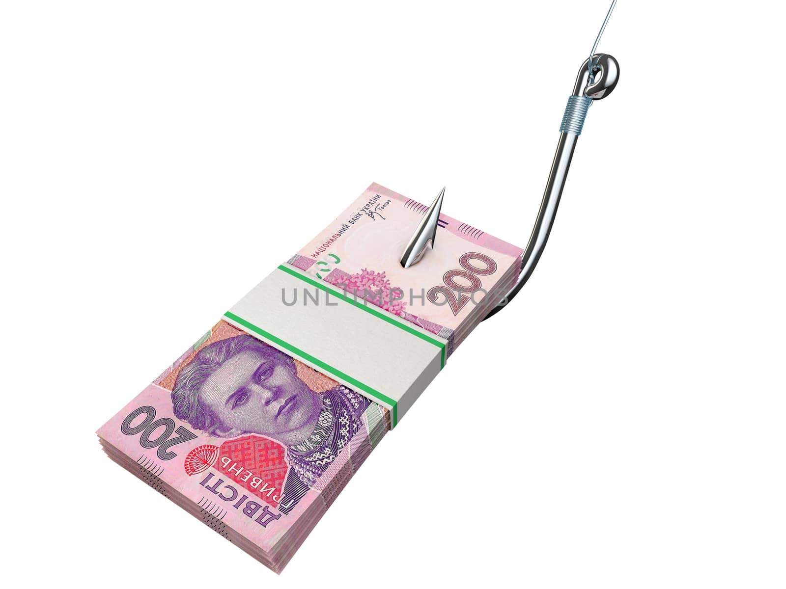 Stack of ukrainian money on the fishing hook isolated on white