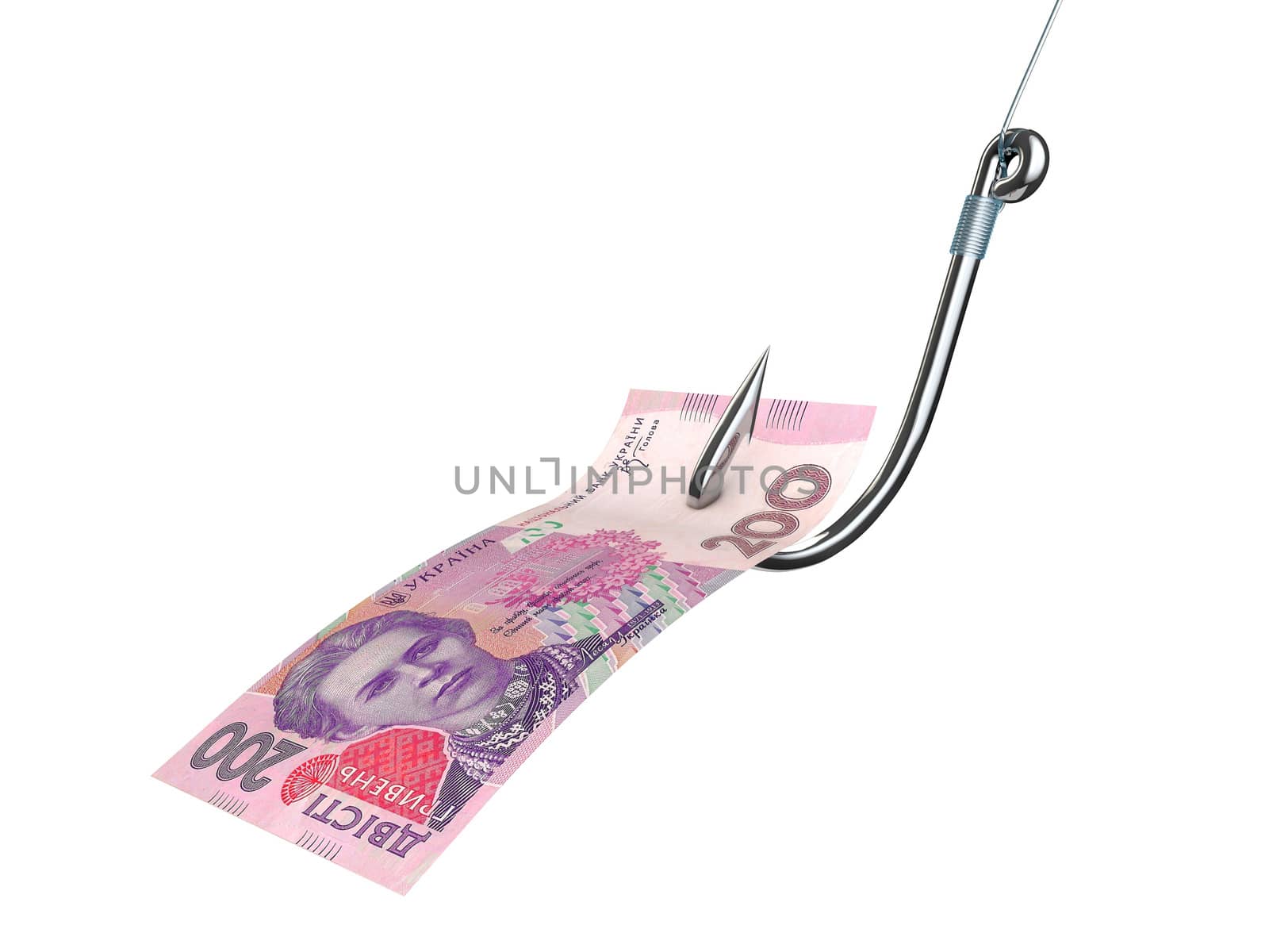 Banknote of money on the fishing hook isolated on white