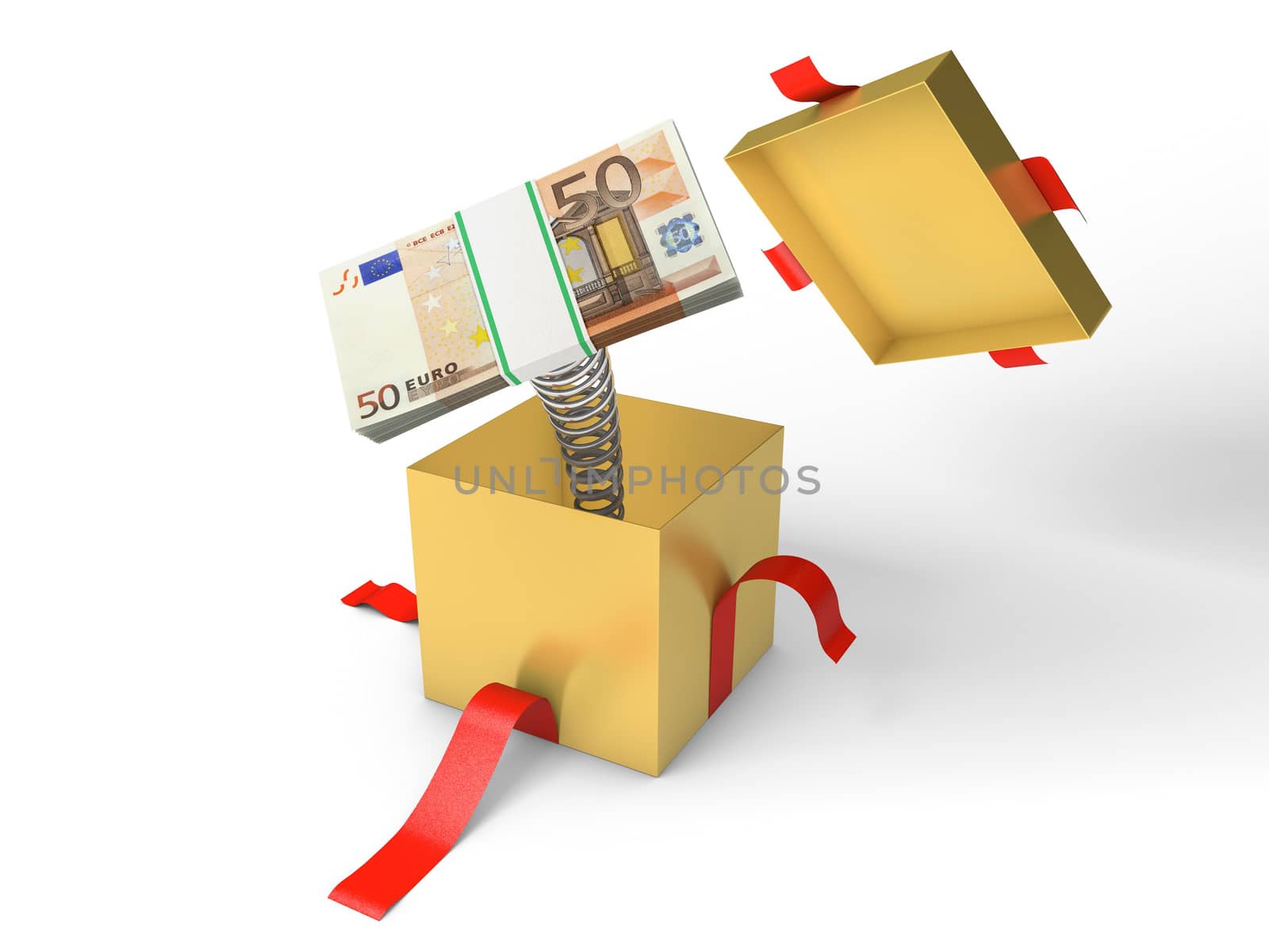 The stack of euro money jumps out of a gift box on a spring
