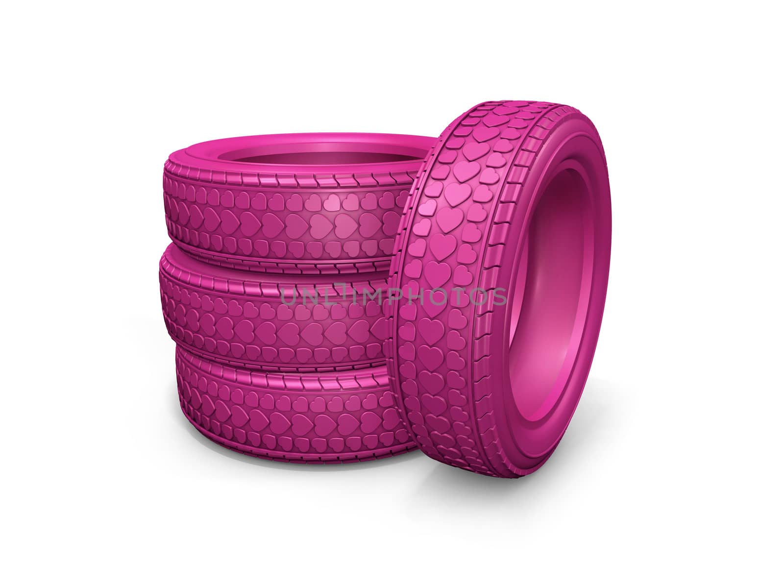 Group of pink tires isolated on white background