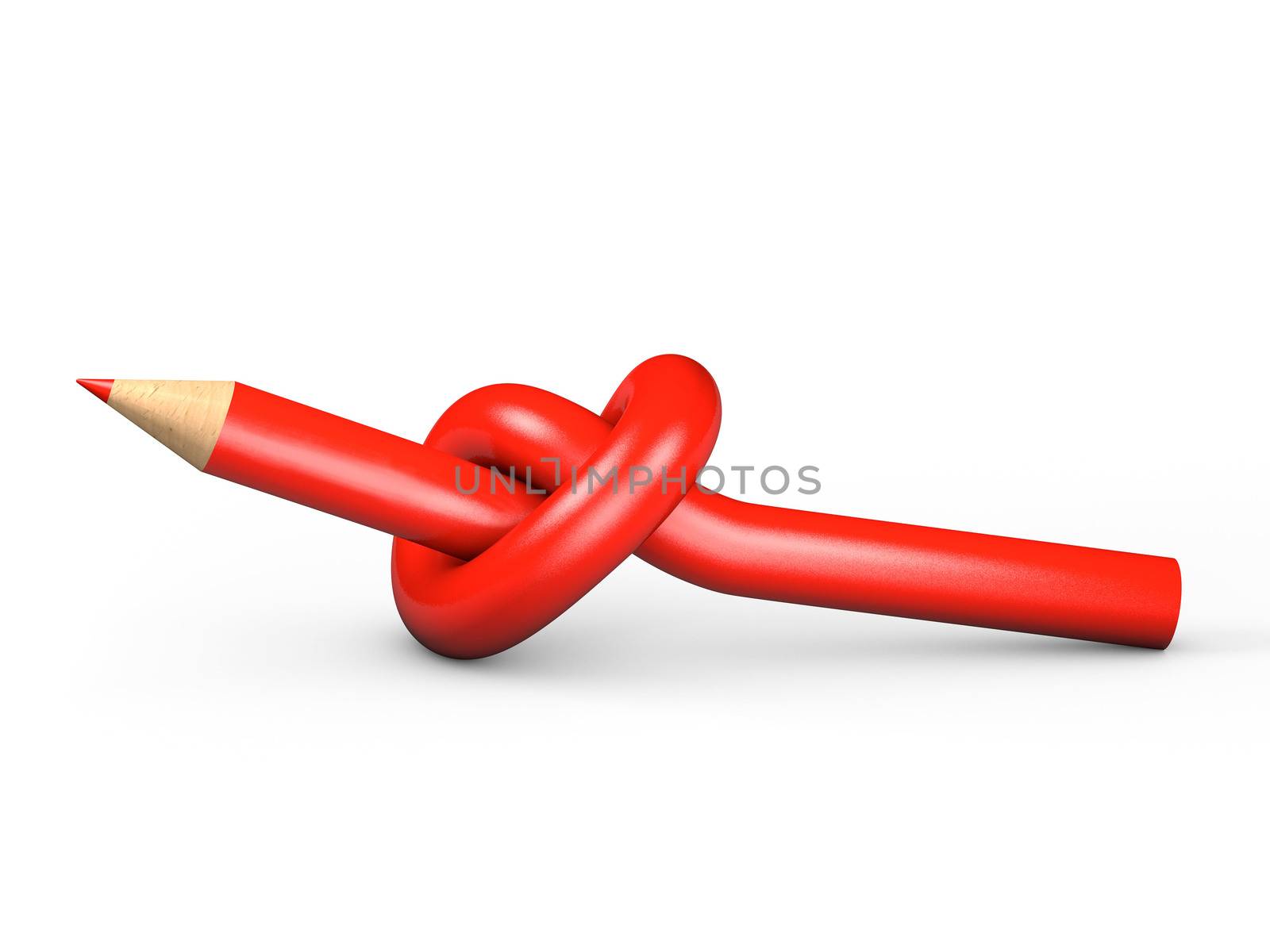 Red pencil tied in a knot on a white background
