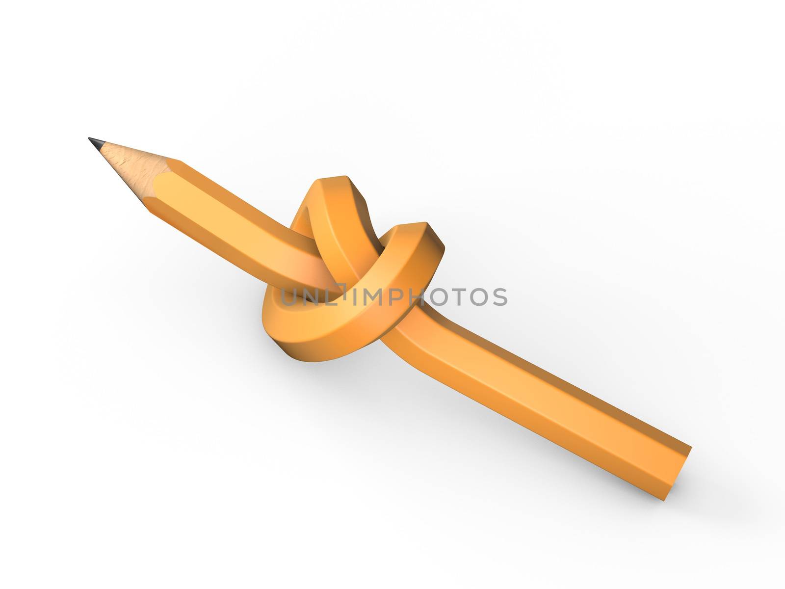 Orange pencil tied in a knot on a white background
