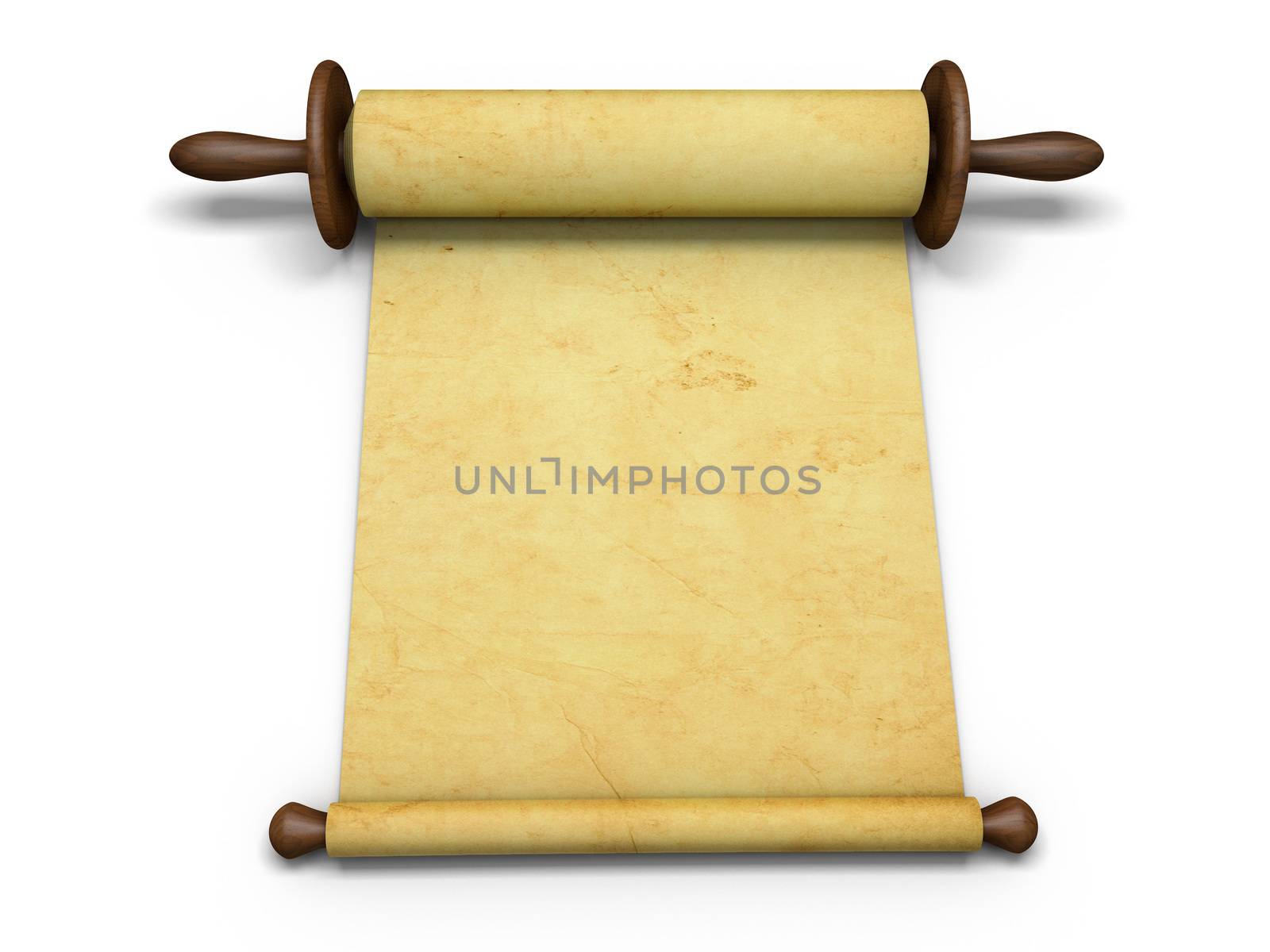 Antique scroll of parchment manuscript isolated on white background