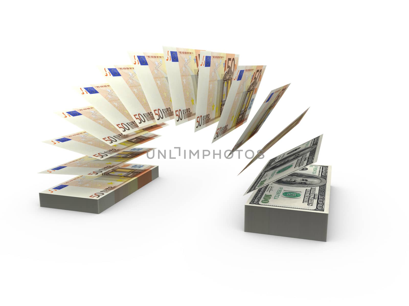 Flying banknotes euro and dollars isolated on white