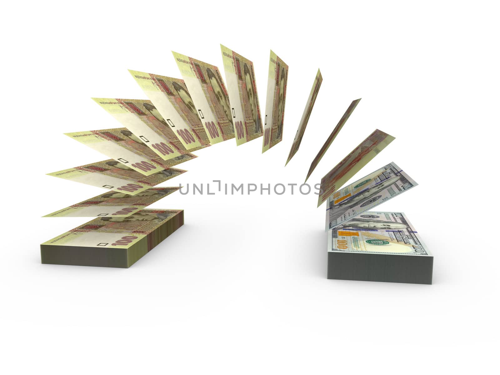 Flying banknotes of ukrainian money and dollar isolated on white