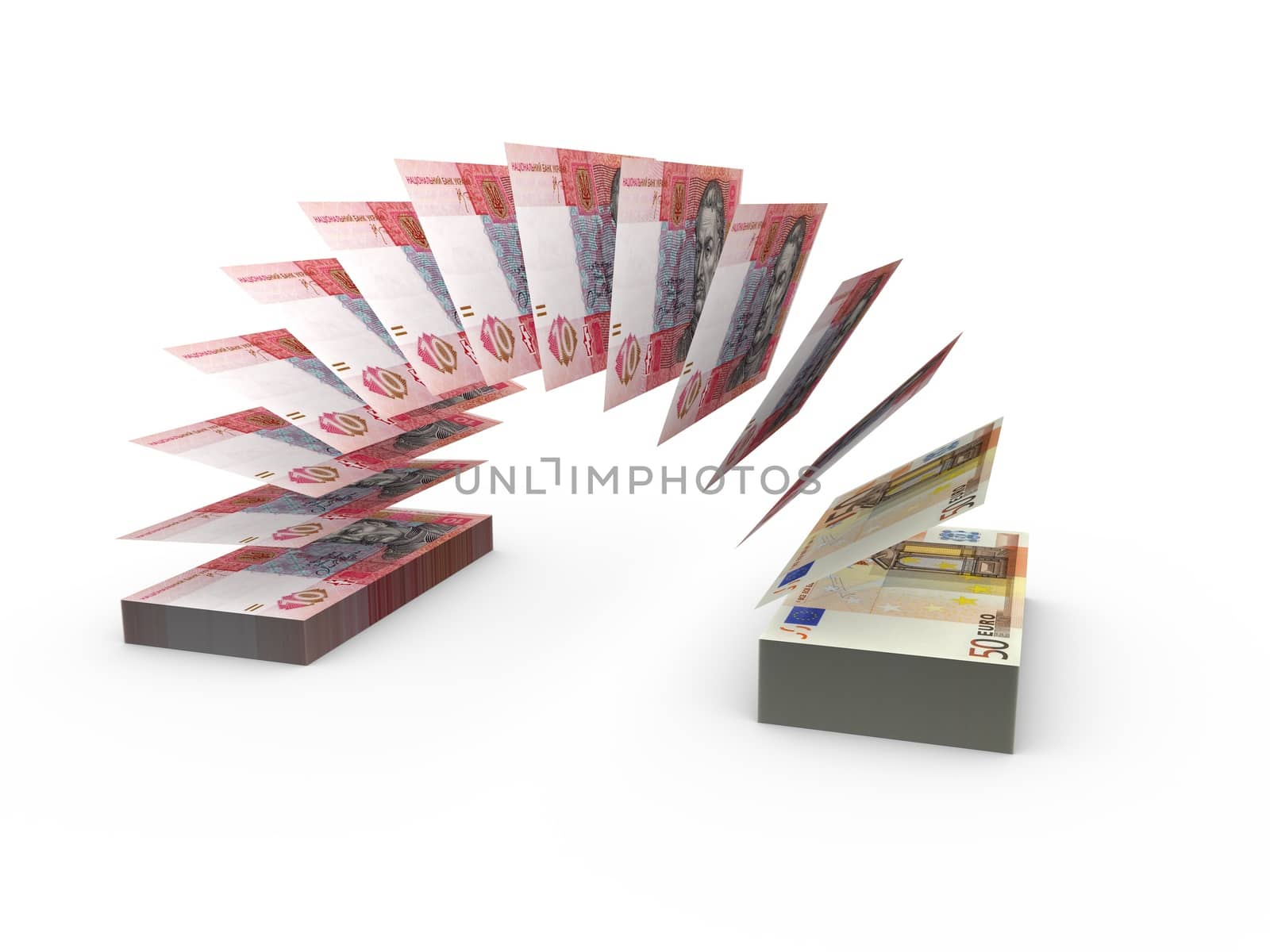 Flying banknotes of ukrainian money and euro isolated on white