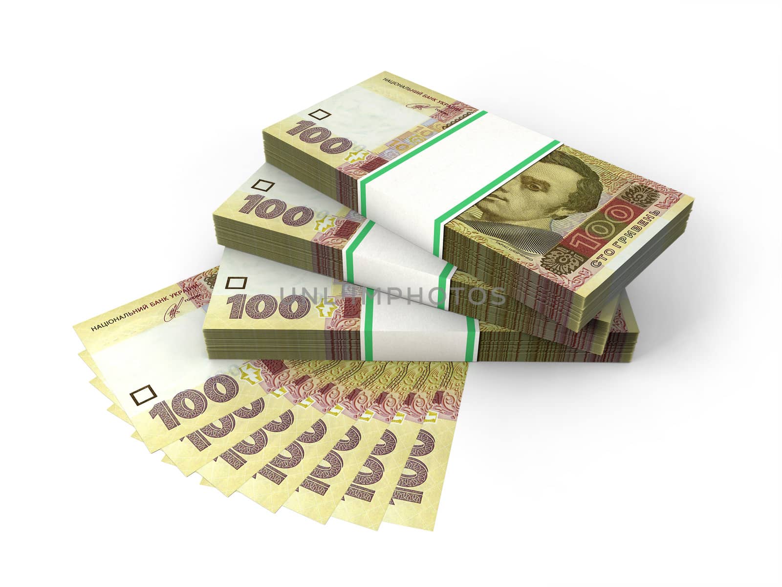 Stacks of banknotes of 100 hrivnyas isolated on white background