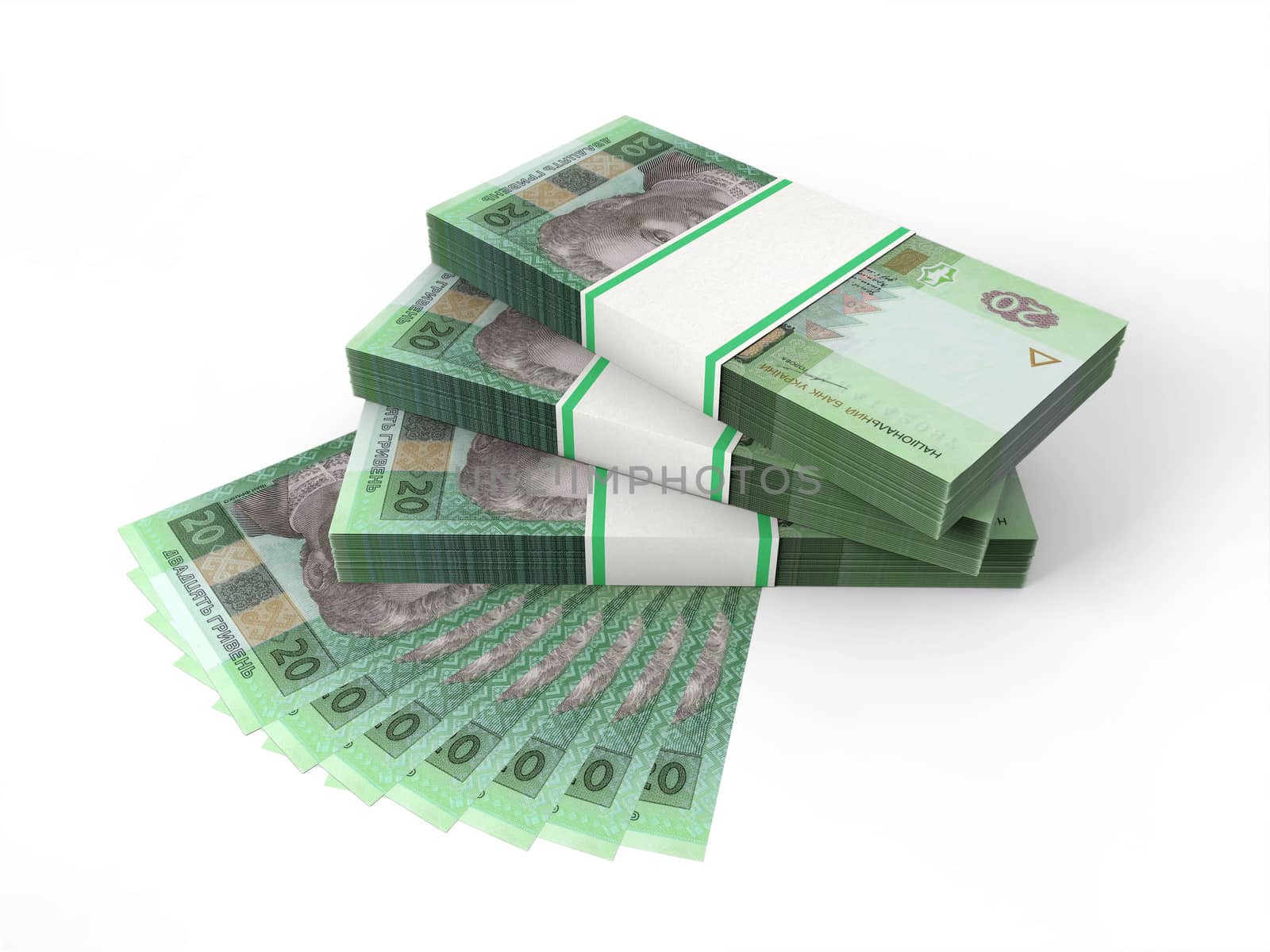 Stacks of banknotes of 20 hrivnyas isolated on white background