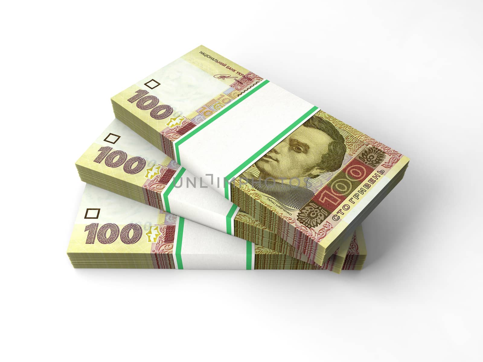 Stacks of banknotes of 100 hrivnyas isolated on white background