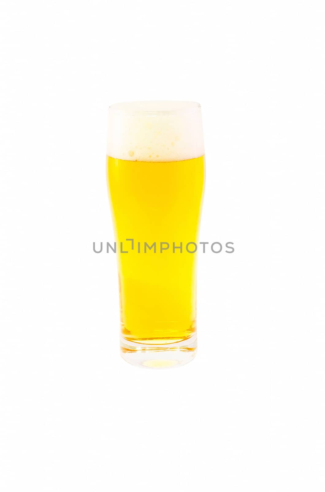 Great Beer glass with beer foam in front of bright background.