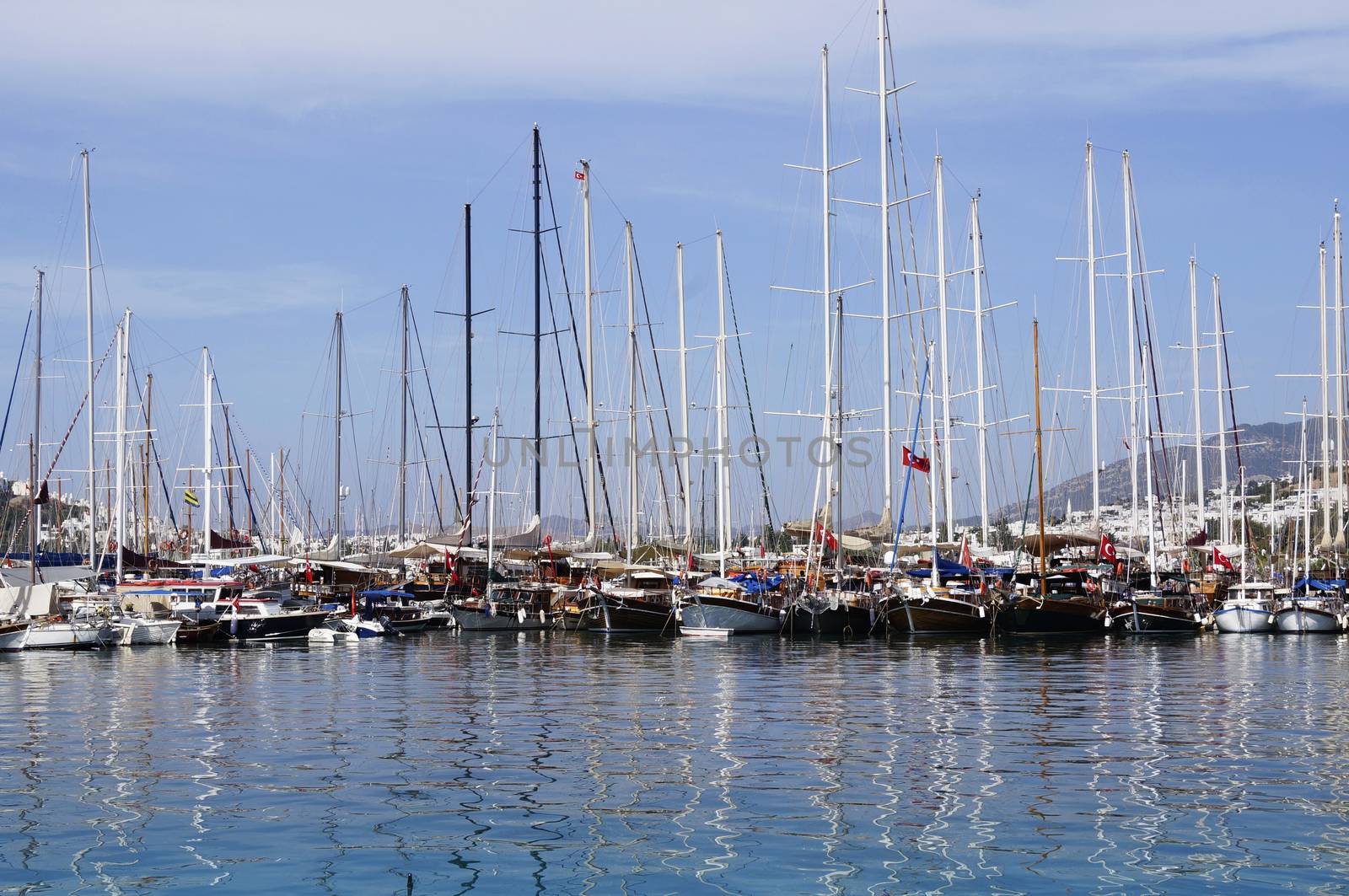 Boats and yachts parked at sea port in Bodrum, Turkey