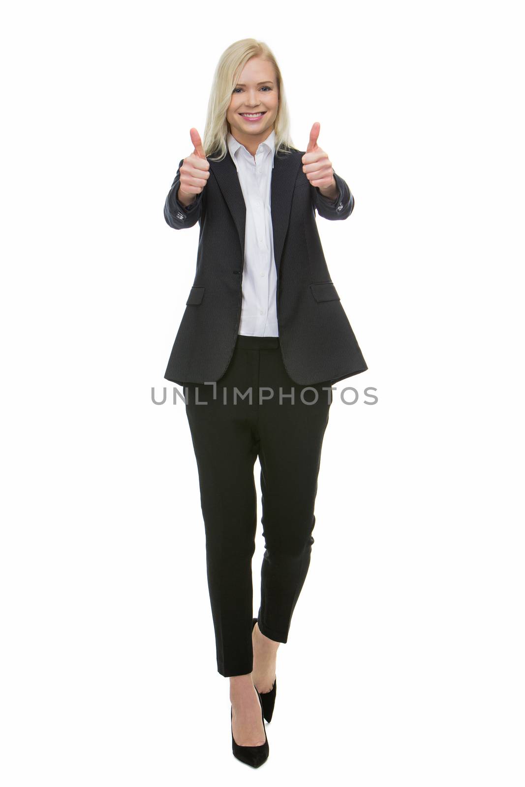 smiling blonde businesswoman thumbs up with both hands
