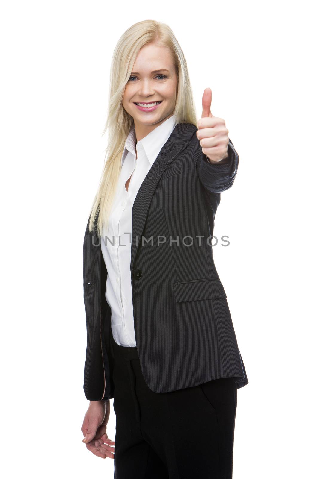 smiling blonde businesswoman thumb up with one hand