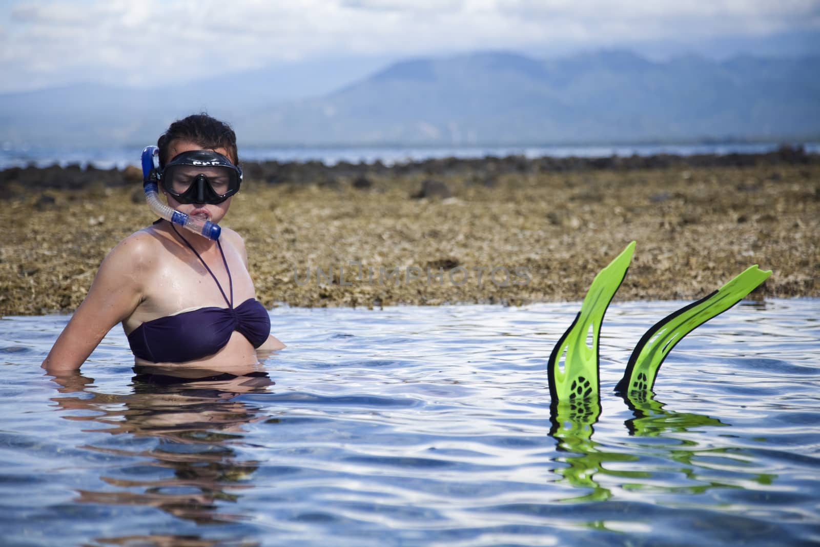 Island woman and diving, bright colorful vivid theme