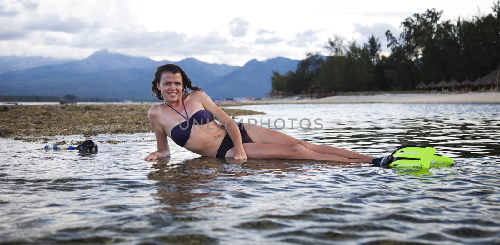 Island woman and diving, bright colorful vivid theme