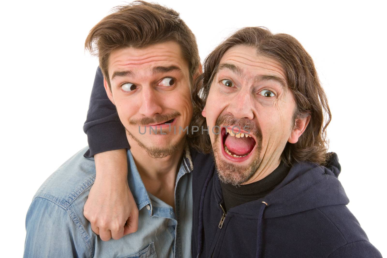 two young casual silly men, isolated on white