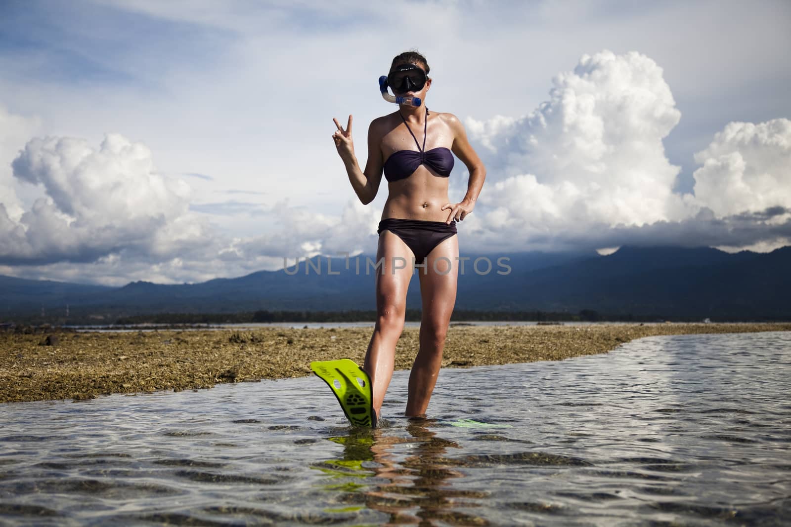 Island woman and diving, bright colorful vivid theme