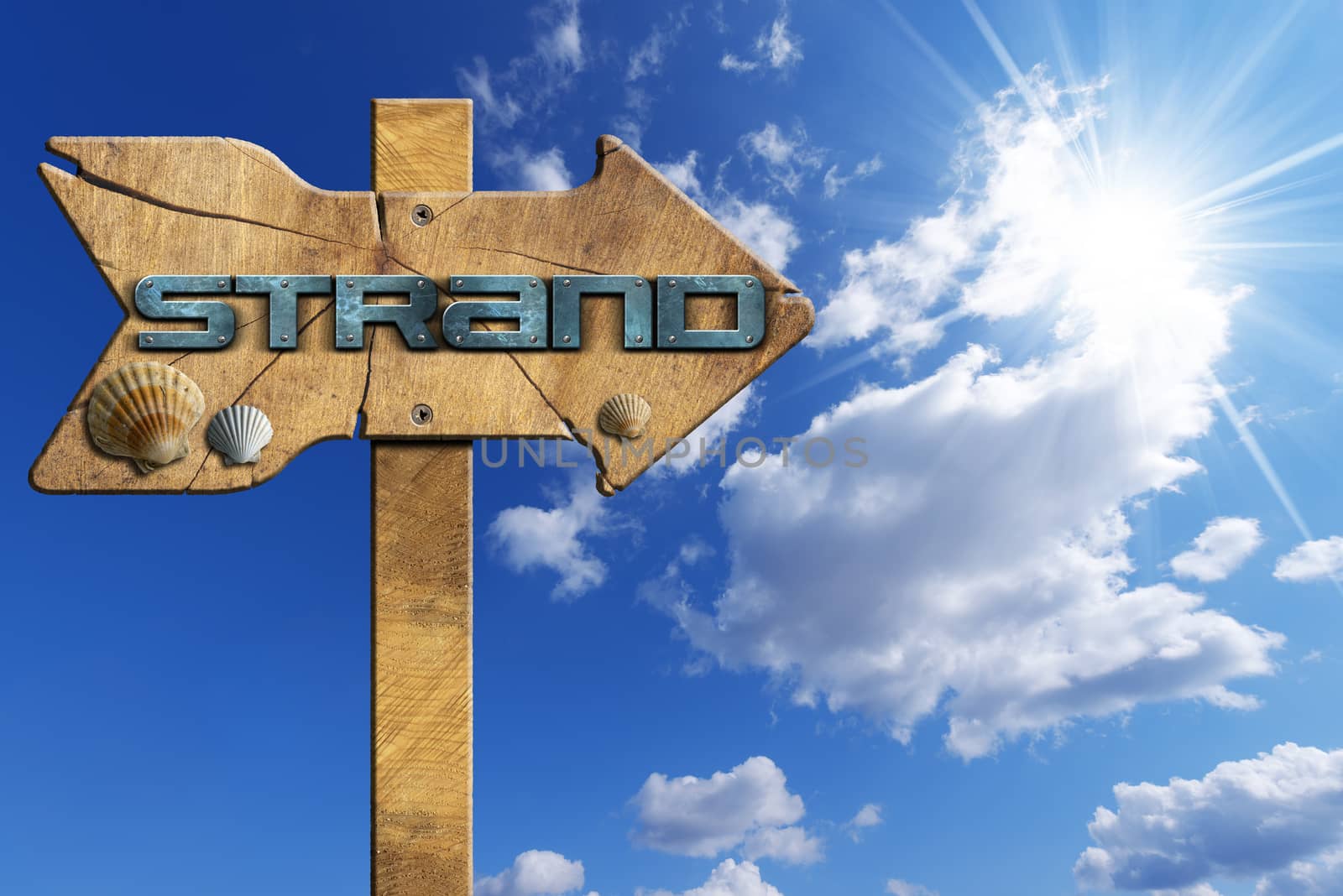 Wooden directional sign with one arrow, with text beach in german language and seashells on blue sky with clouds and sun rays