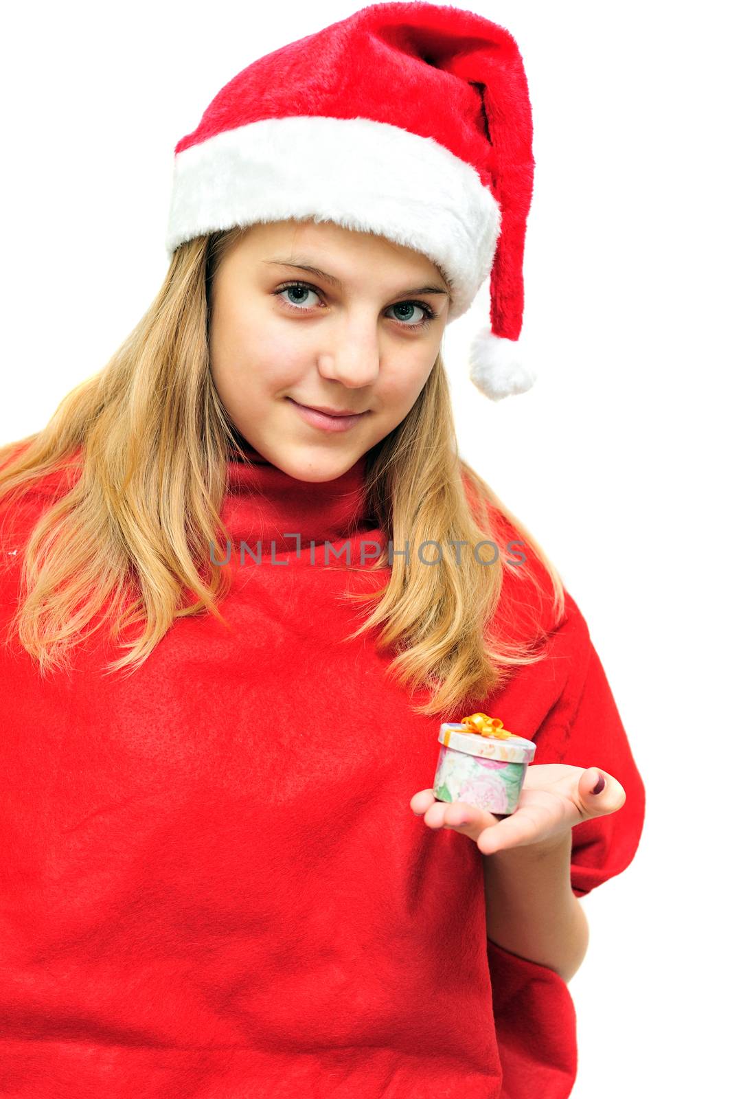 teen santa girl with little present in hand