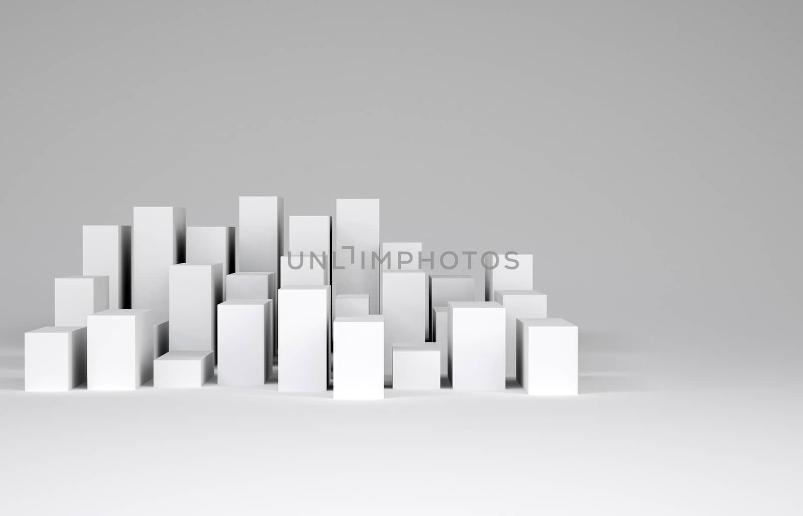 Minimalistic city of white cubes. Gray background. Concept of urban construction