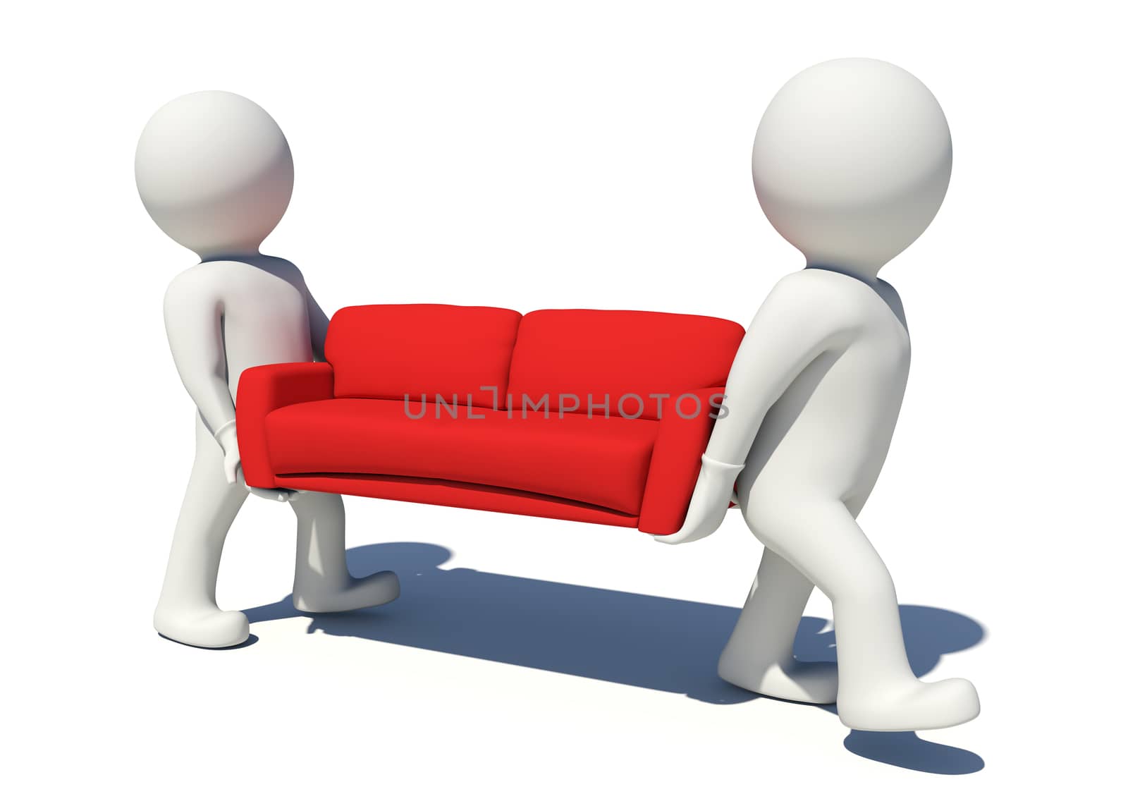 Two worker carrying red couch. Isolated by cherezoff