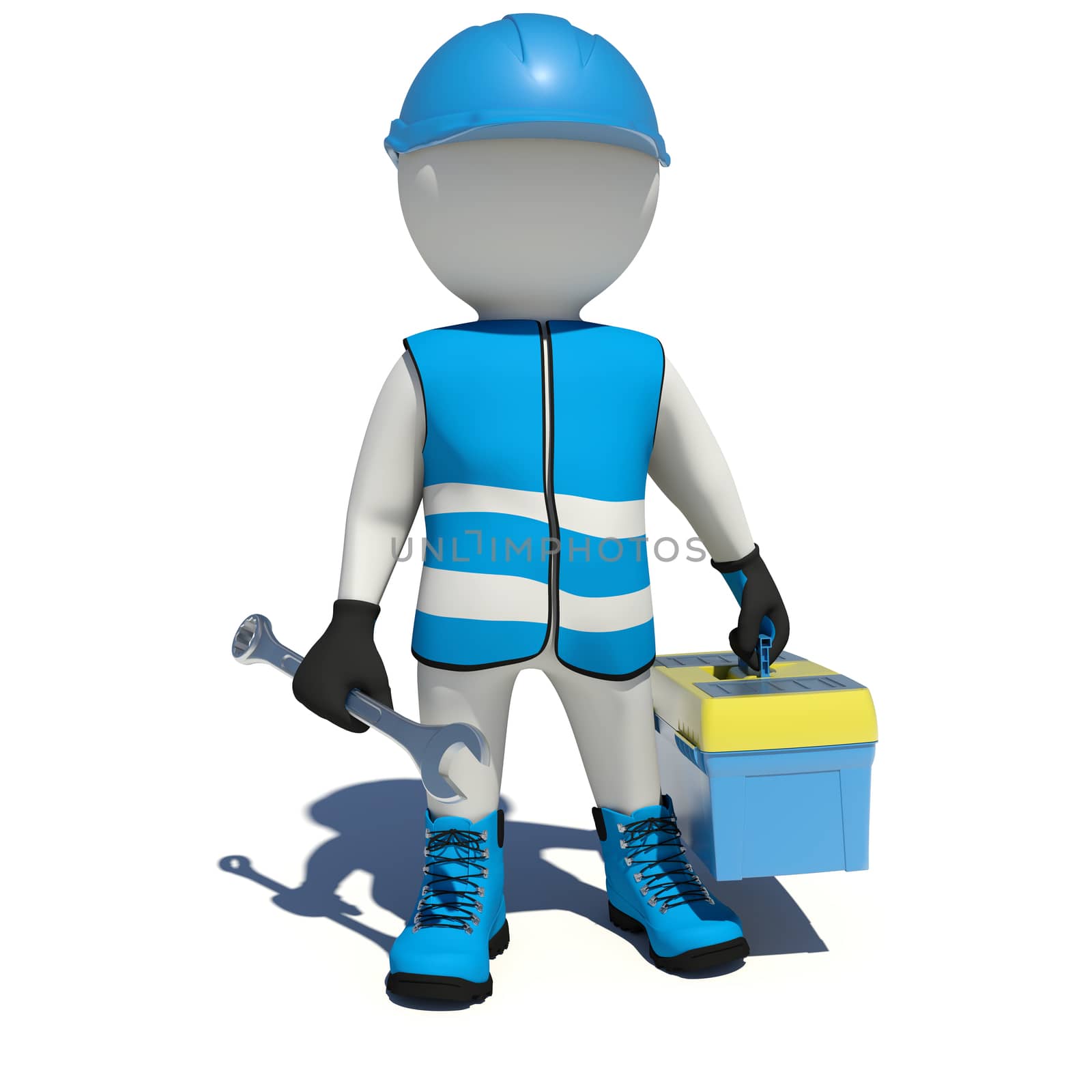 Worker in overalls holding wrench and tool box. Isolated render on white background