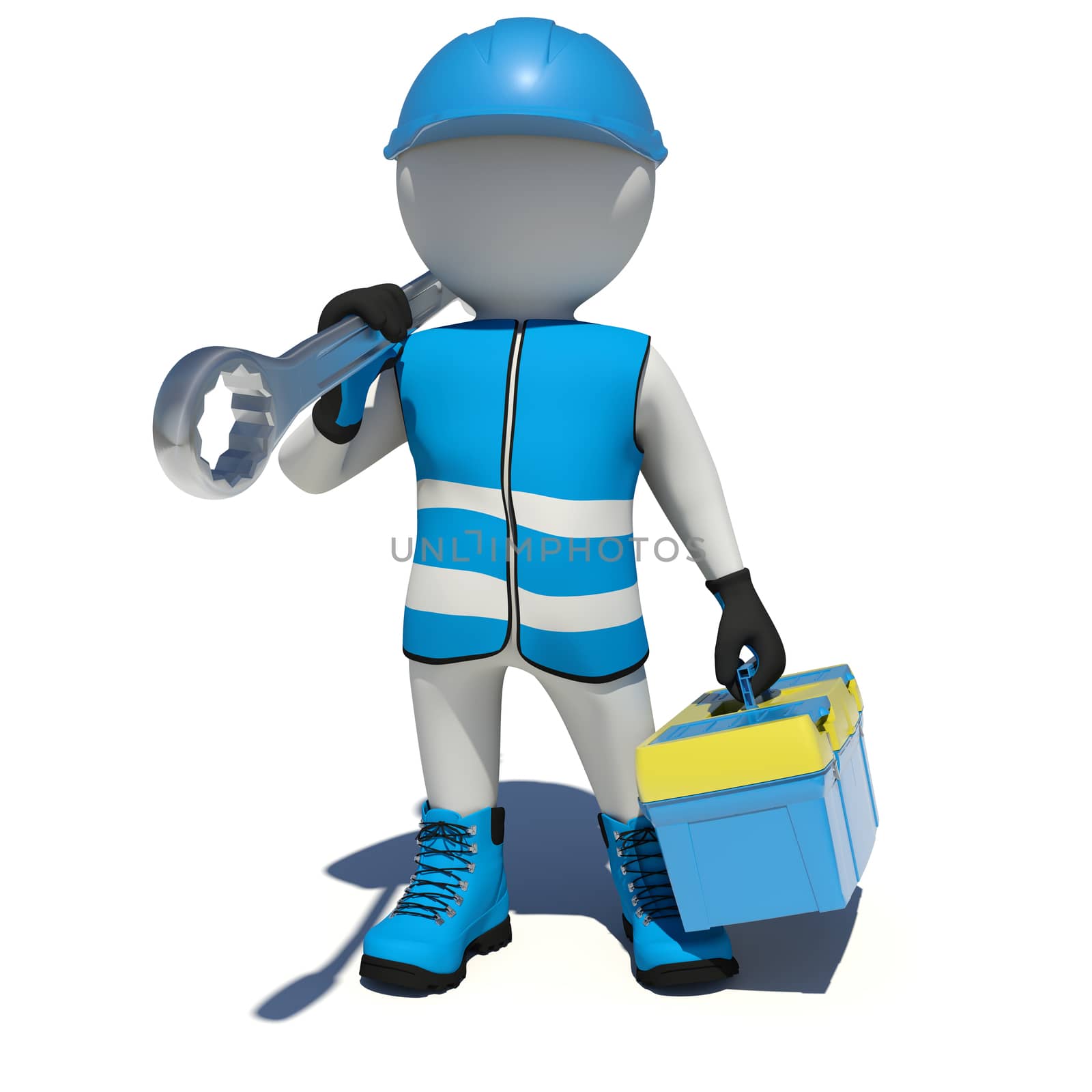 White man in overalls holding tool box and wrench on his shoulder. Isolated render on white background