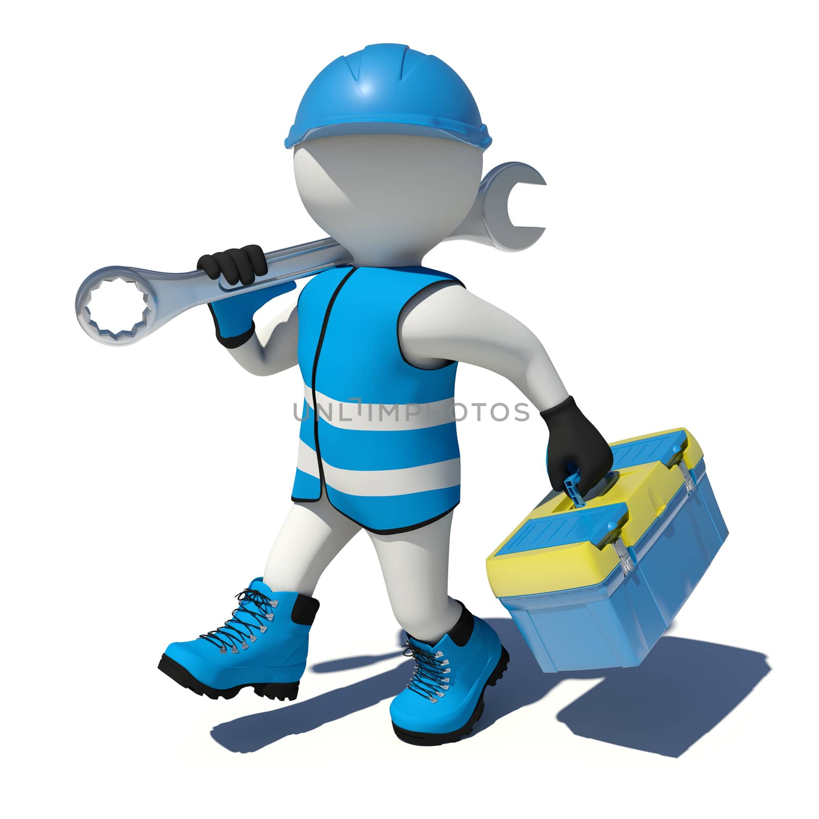 Walking worker in overalls holding tool box and wrench on his shoulder. Looking at camera. Isolated render on white background
