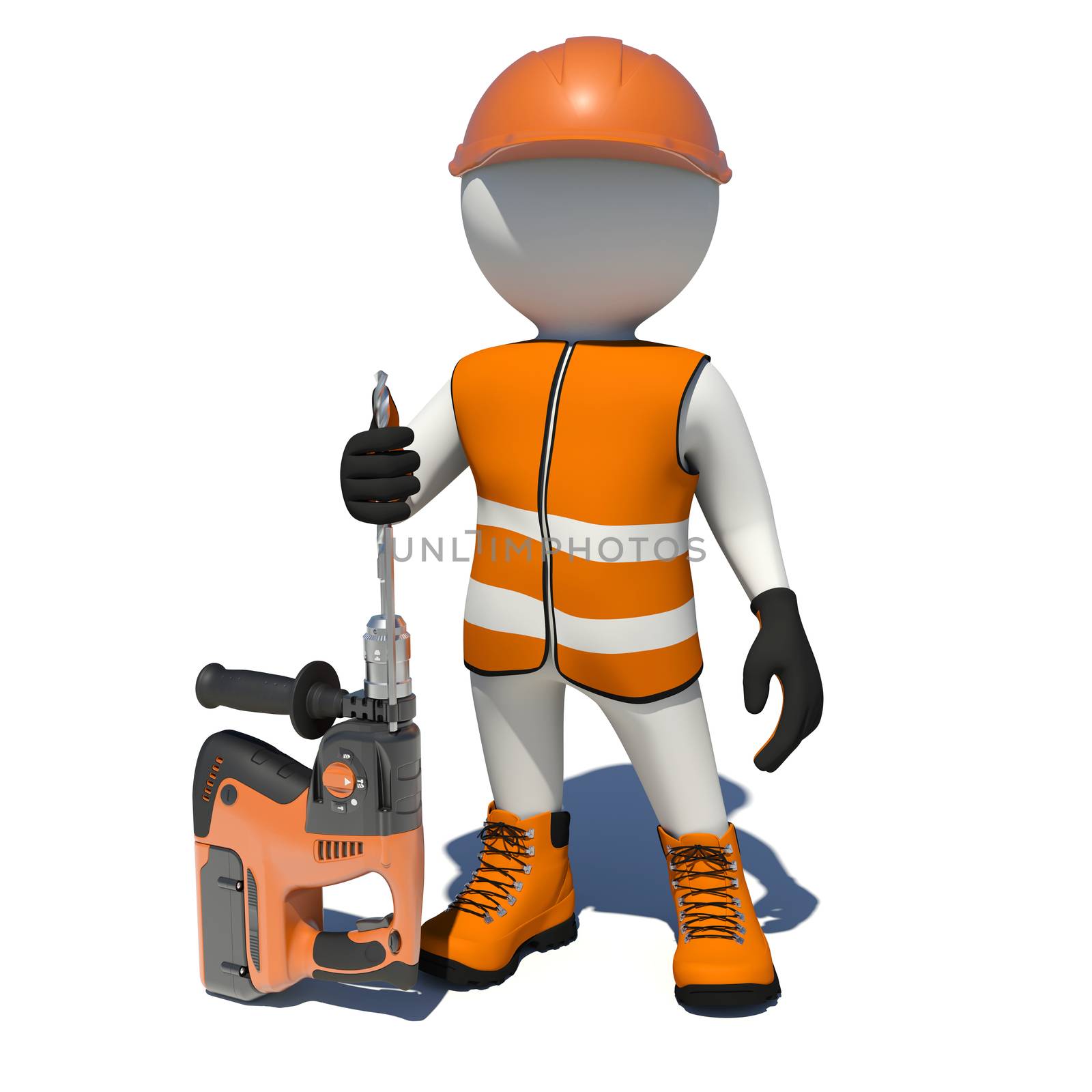 Worker in vest, shoes and helmet holding electric perforator. Isolated render on white background